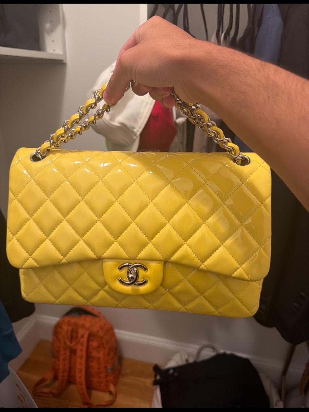CHANEL Yellow Quilted Patent Leather Classic Double Flap Shoulder Bag